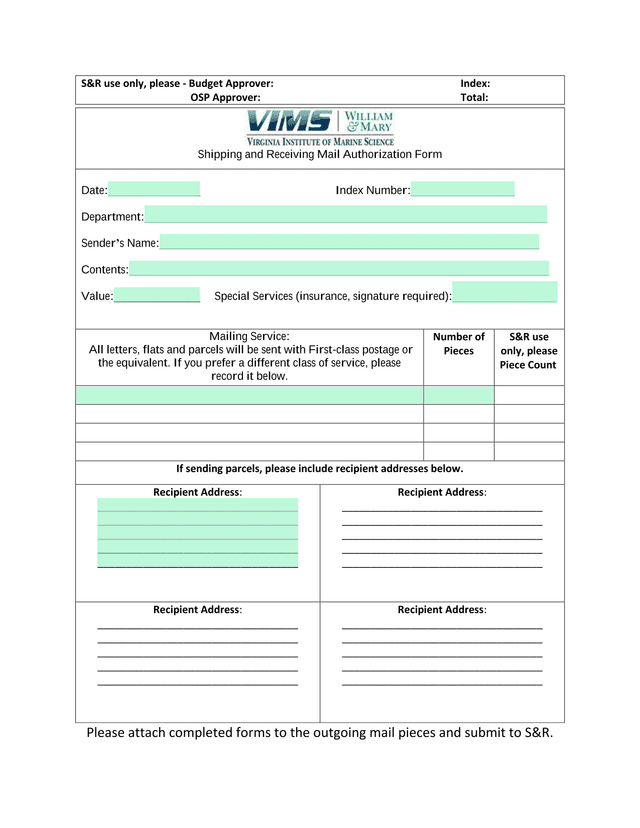 Shipping And Receiving Mail Authorization Form screenshot