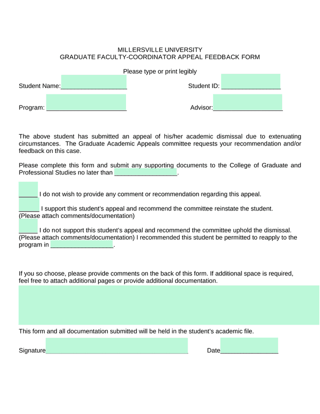 Graduate Faculty Coordinator Appeal Feedback Form screenshot
