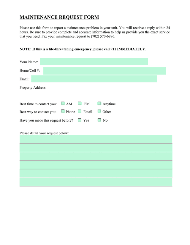 MAINTENANCE REQUEST FORM screenshot