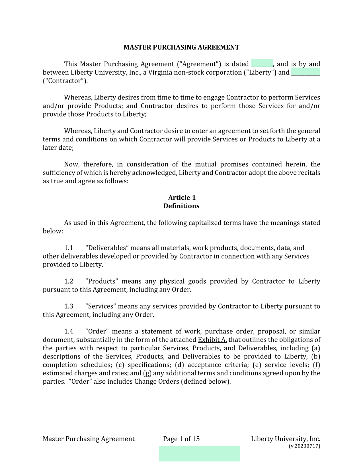 Master Purchasing Agreement screenshot
