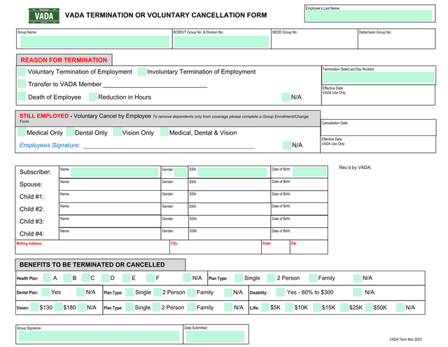 VADA Termination Or Voluntary Cancellation Form screenshot