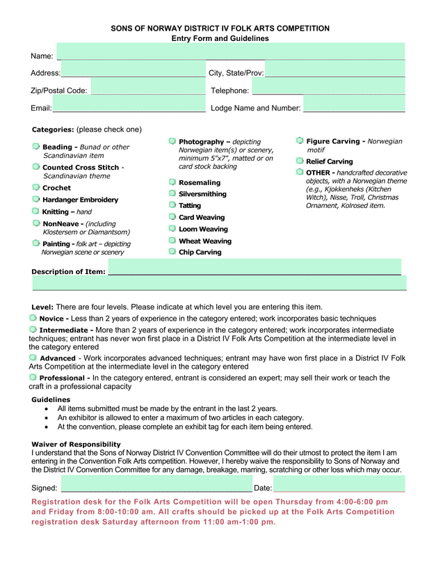 Sons Of Norway District IV Folk Arts Competition Entry Form And Guidelines screenshot