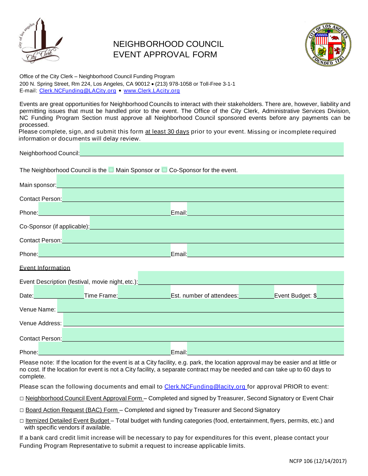 NEIGHBORHOOD COUNCIL EVENT APPROVAL FORM screenshot