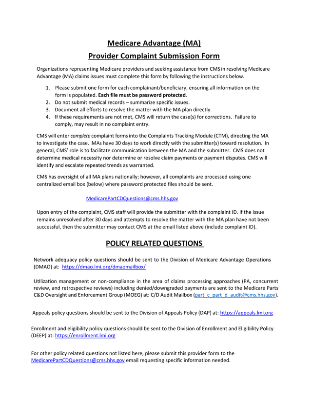 Medicare Advantage (MA) Provider Complaint Submission Form screenshot