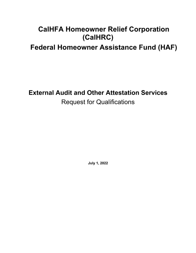 Federal Homeowner Assistance Fund (HAF) External Audit And Other Attestation Services Request For Qu screenshot