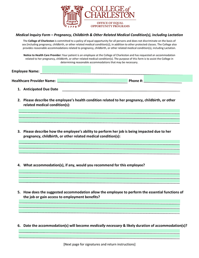 Medical Inquiry Form  Pregnancy, Childbirth  Other Related Medical Condition(S), Including Lactation screenshot