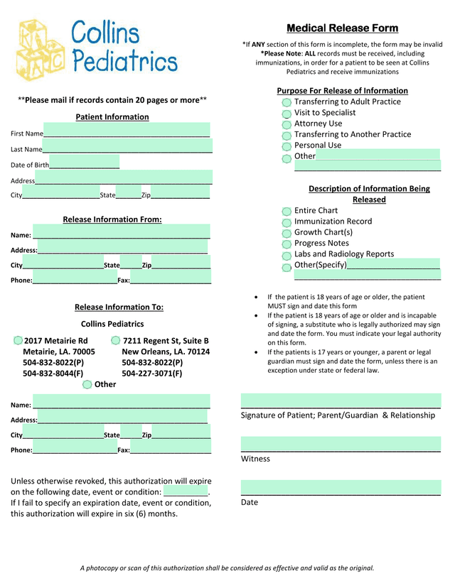 Medical Release Form screenshot