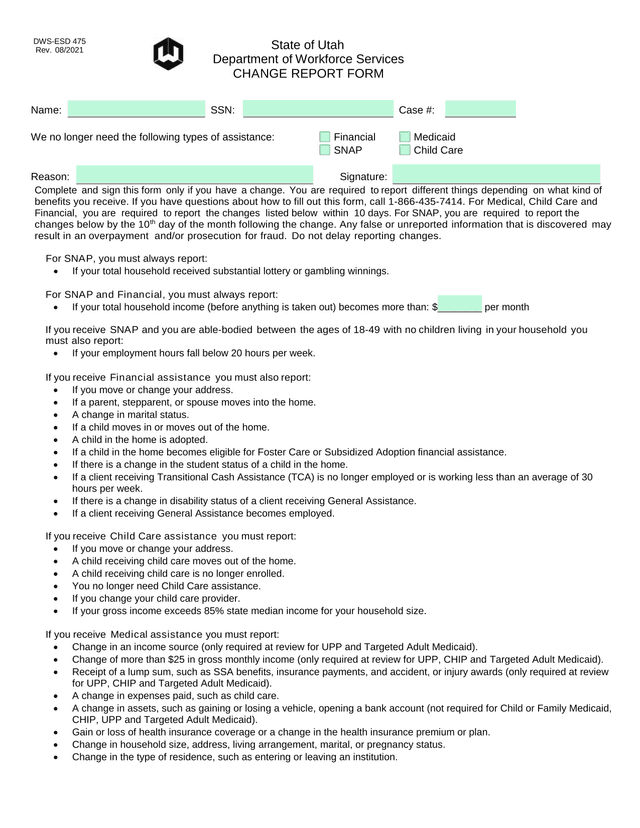 DWS ESD 475 Change Report Form screenshot