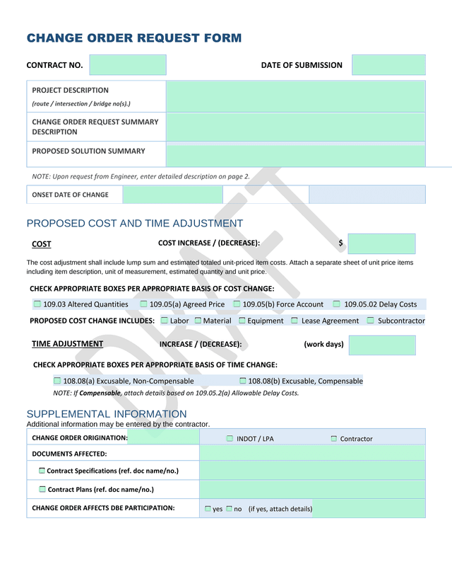 Change Order Request Form screenshot