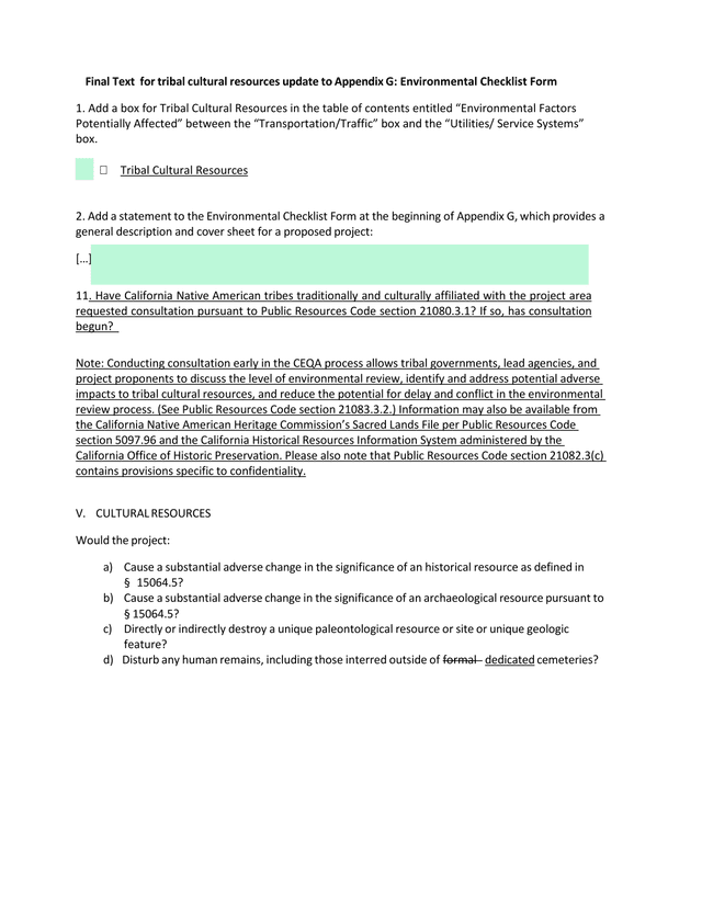 Appendix G Environmental Checklist Form   Tribal Cultural Resources Update screenshot