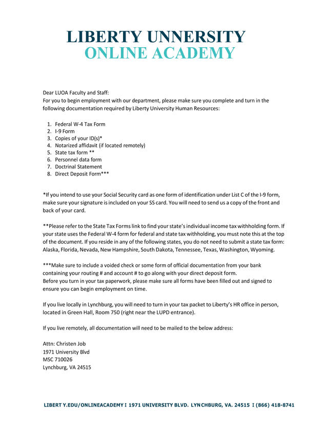 Liberty University Online Academy Employment Documentation Packet screenshot