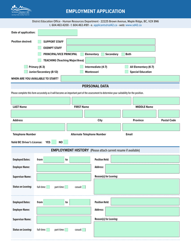 Employment Application screenshot