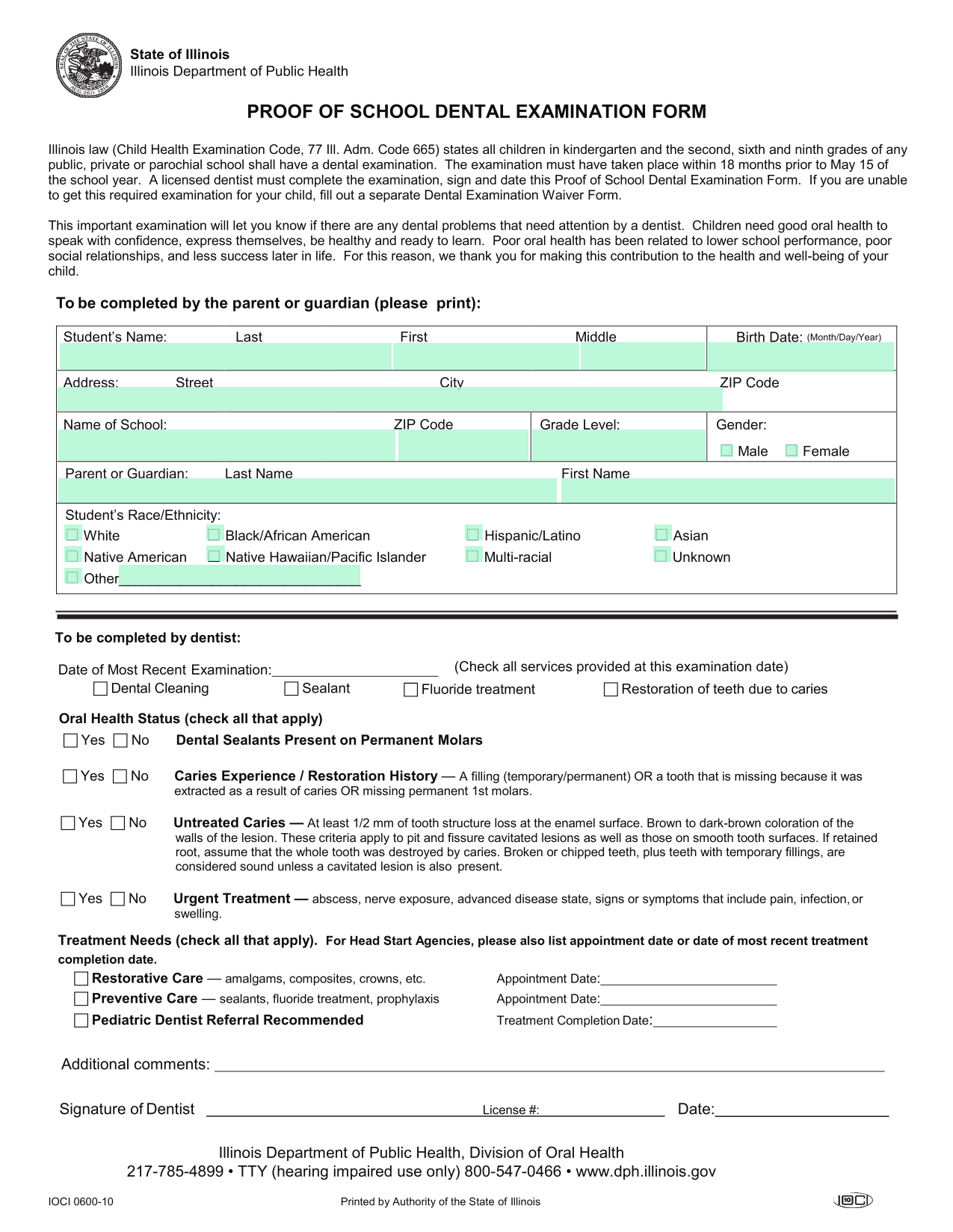 Proof Of School Dental Examination Form screenshot