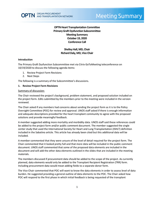 OPTN Heart Transplantation Committee Primary Graft Dysfunction Subcommittee Meeting Summary screenshot