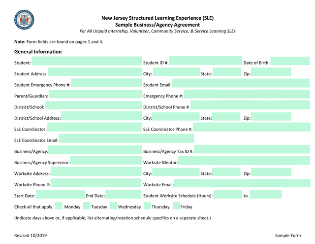 New Jersey Structured Learning Experience (SLE) Sample BusinessAgency Agreement screenshot
