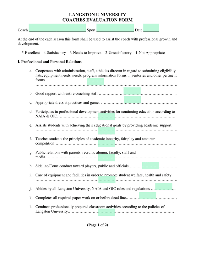 Langston University Coaches Evaluation Form screenshot