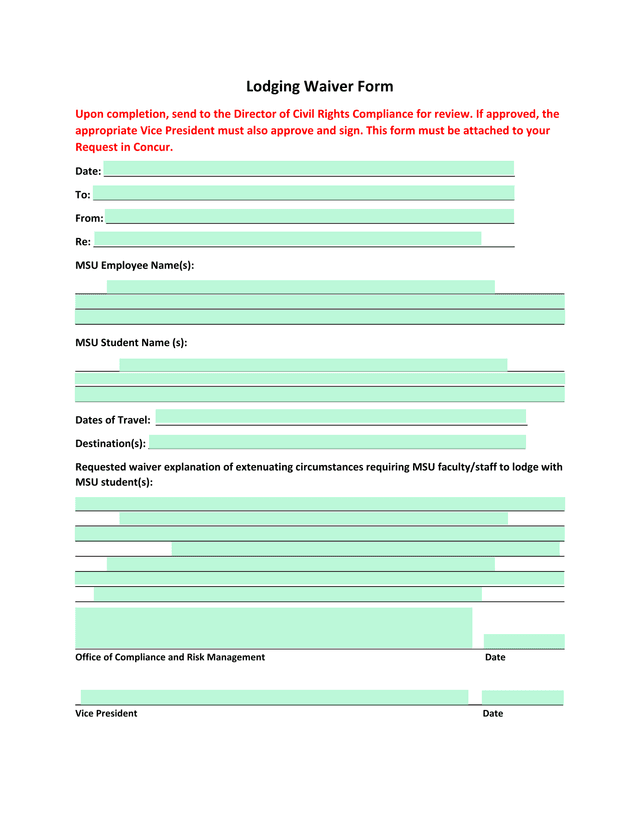 Lodging Waiver Form screenshot