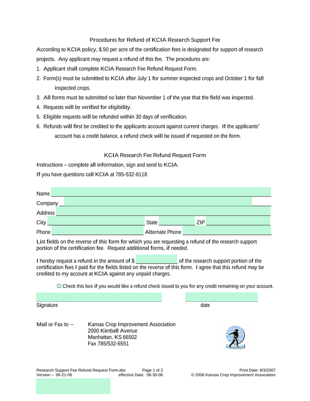 KCIA Research Fee Refund Request Form screenshot