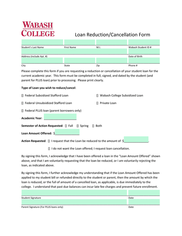 Loan ReductionCancellation Form screenshot