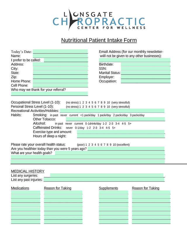 Nutritional Patient Intake Form screenshot