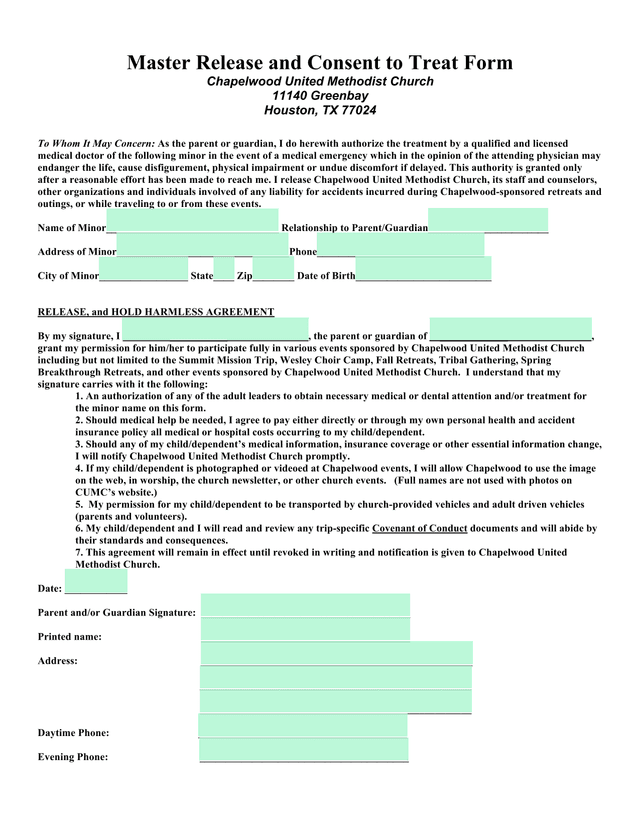 Master Release And Consent To Treat Form screenshot