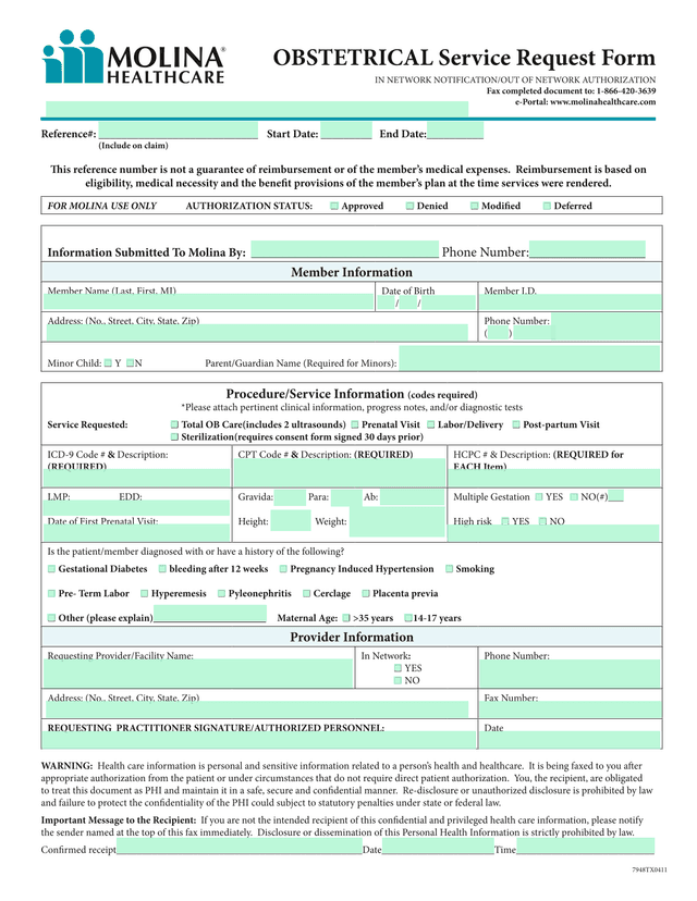 OBSTETRICAL Service Request Form screenshot