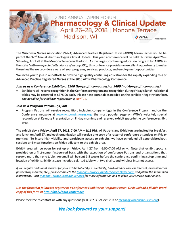 Wisconsin Nurses Association APRN Pharmacology  Clinical Update Exhibitor Invitation screenshot