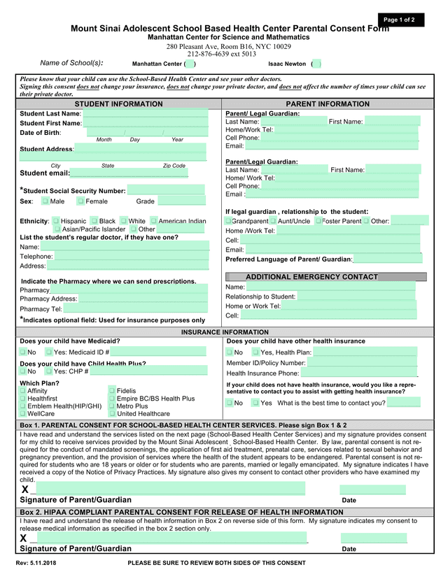 Mount Sinai Adolescent School Based Health Center Parental Consent Form screenshot