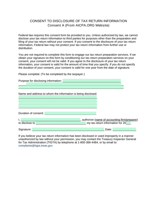 CONSENT TO DISCLOSURE OF TAX RETURN INFORMATION screenshot