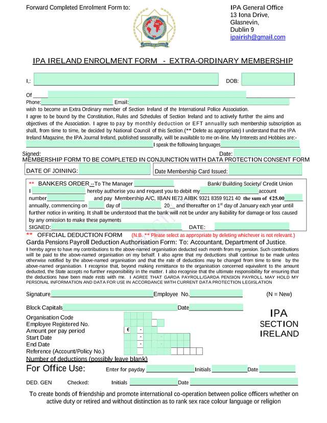 IPA Ireland Enrolment Form   Extra Ordinary Membership screenshot