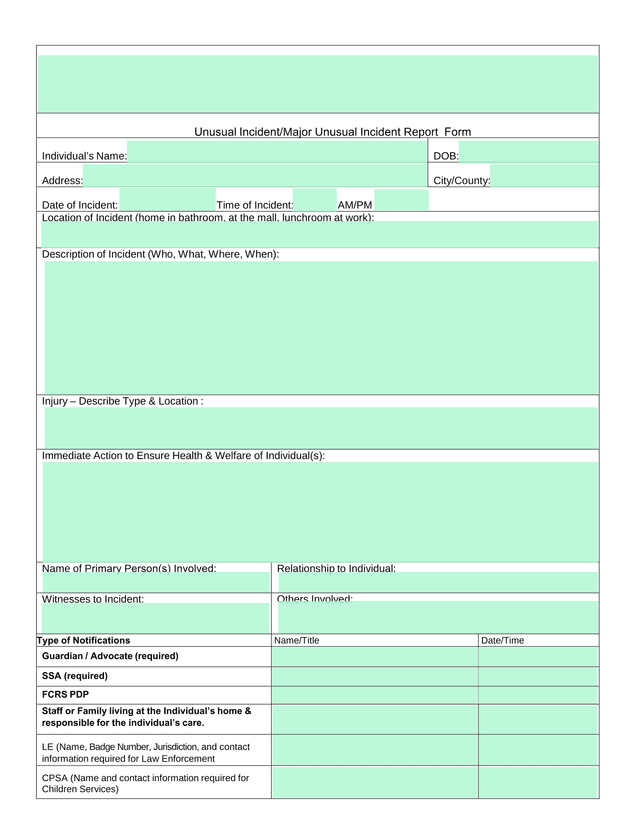 Unusual IncidentMajor Unusual Incident Report Form screenshot