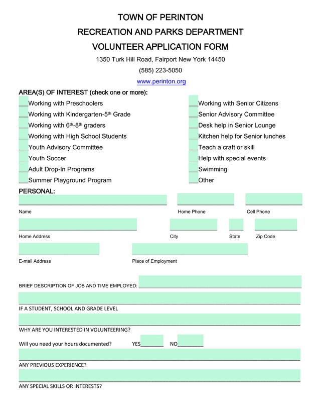 Town Of Perinton Volunteer Application Form screenshot