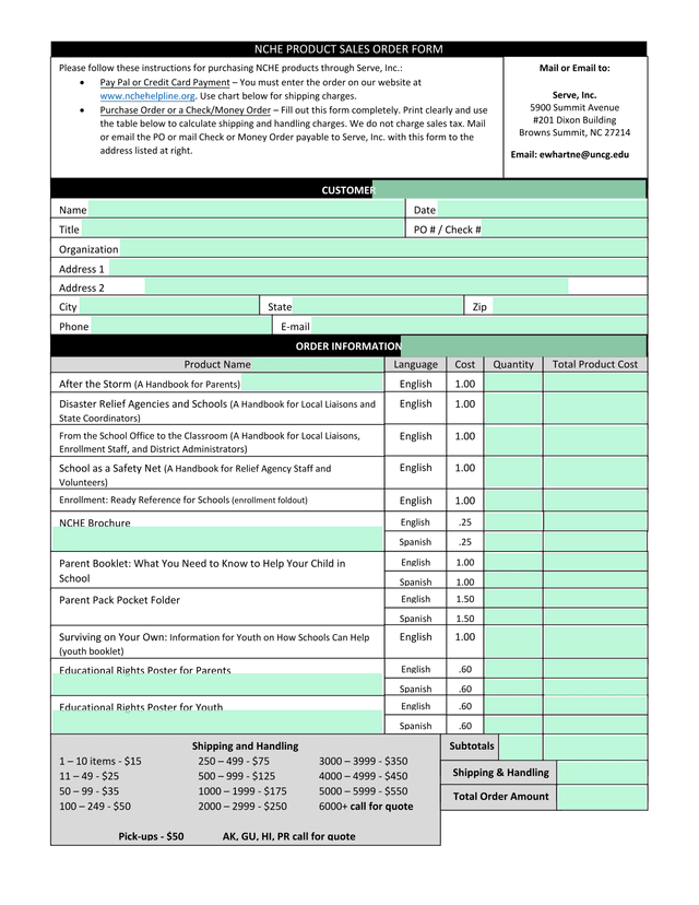 NCHE Product Sales Order Form screenshot