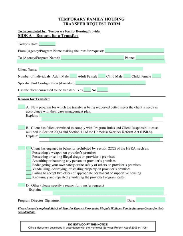 Temporary Family Housing Transfer Request Form screenshot