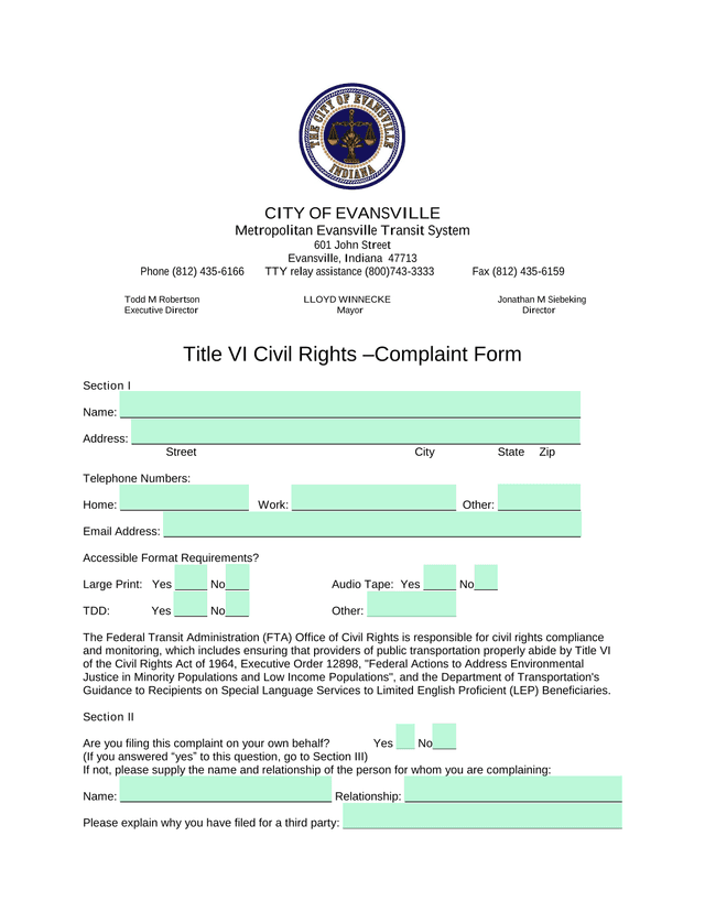 Title VI Civil Rights  Complaint Form screenshot