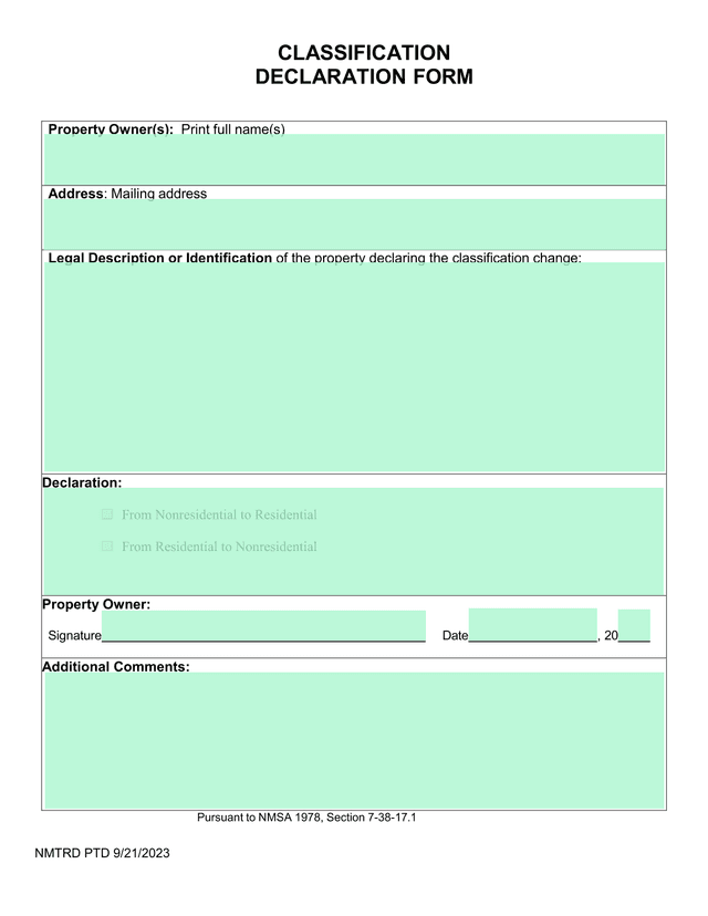 Classification Declaration Form screenshot