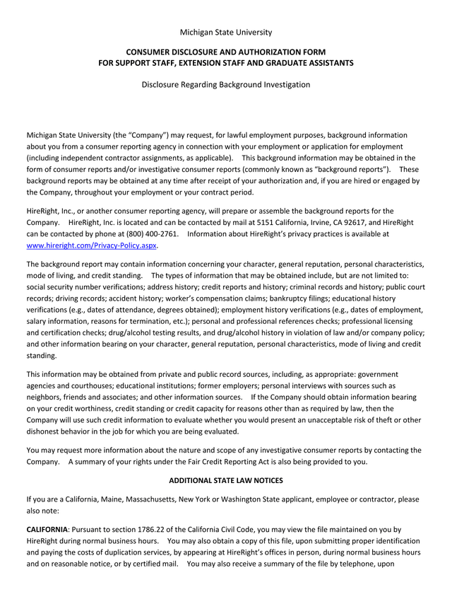 Consumer Disclosure And Authorization Form For Support Staff, Extension Staff And Graduate Assistant screenshot