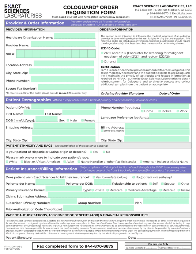 COLOGUARD ORDER REQUISITION FORM screenshot