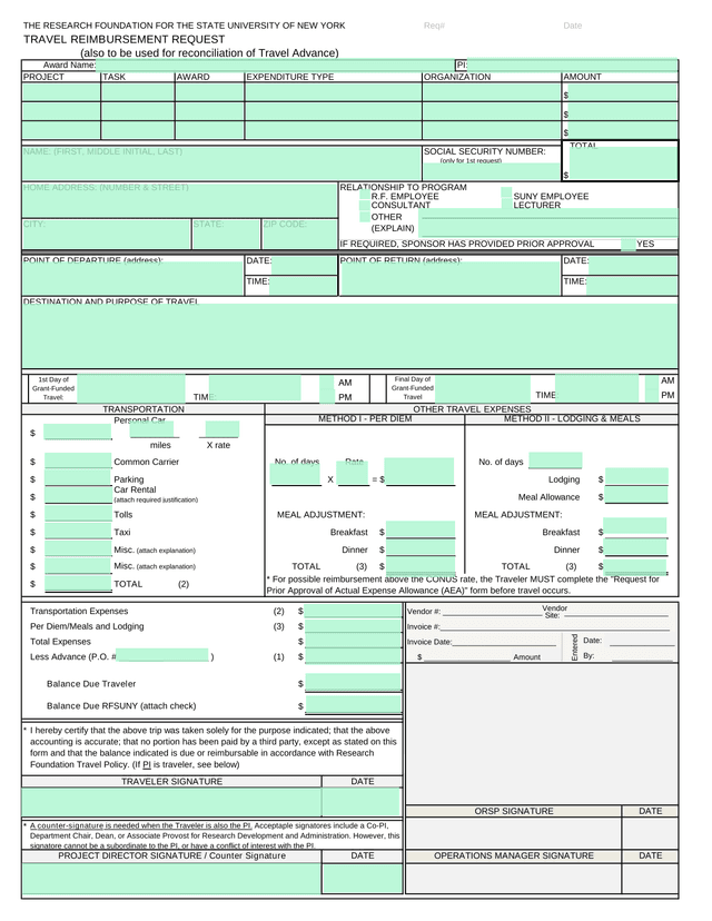 Travel Expense Reimbursement Form screenshot