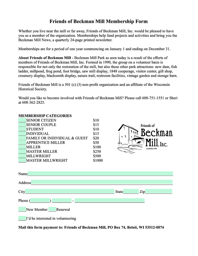 Friends Of Beckman Mill Membership Form screenshot