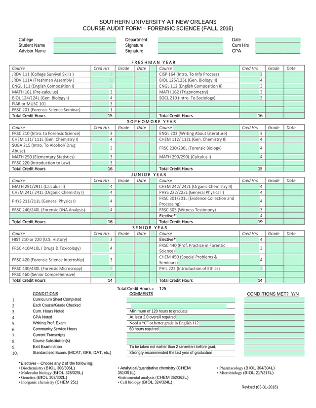 Course Audit Form  Forensic Science (Fall 2016) screenshot