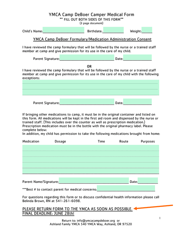 YMCA Camp DeBoer Camper Medical Form screenshot