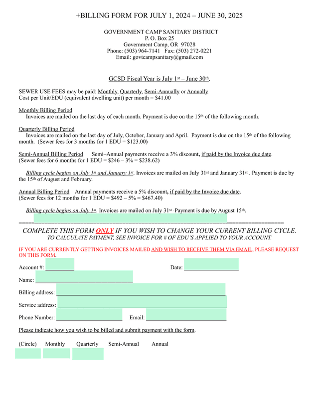 Billing Form For Government Camp Sanitary District screenshot