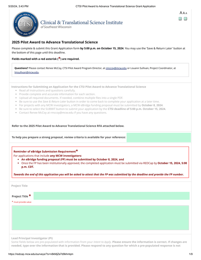 CTSI Pilot Award To Advance Translational Science Grant Application screenshot
