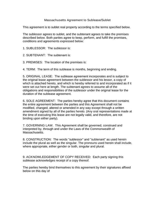 Massachusetts Agreement To SubleaseSublet screenshot