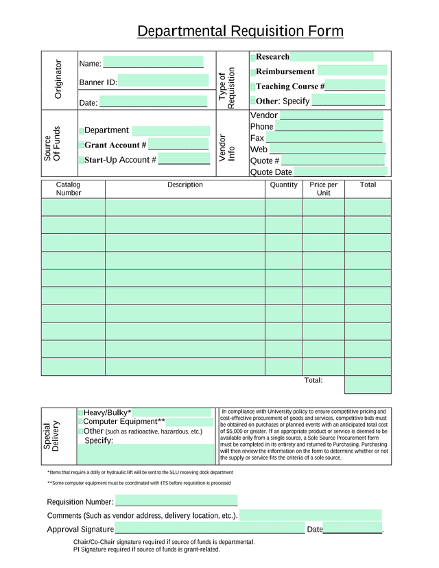 Departmental Requisition Form screenshot