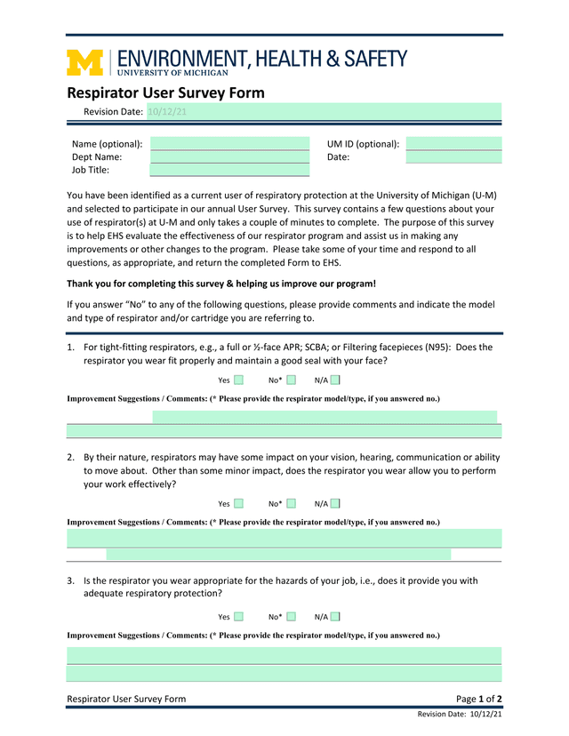 Respirator User Survey Form screenshot