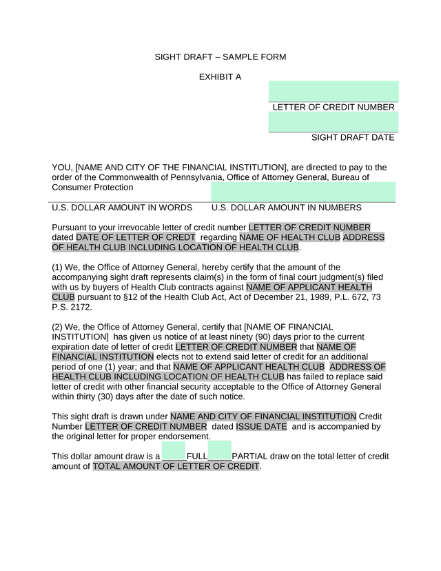 Sight Draft For Health Club Letter Of Credit screenshot