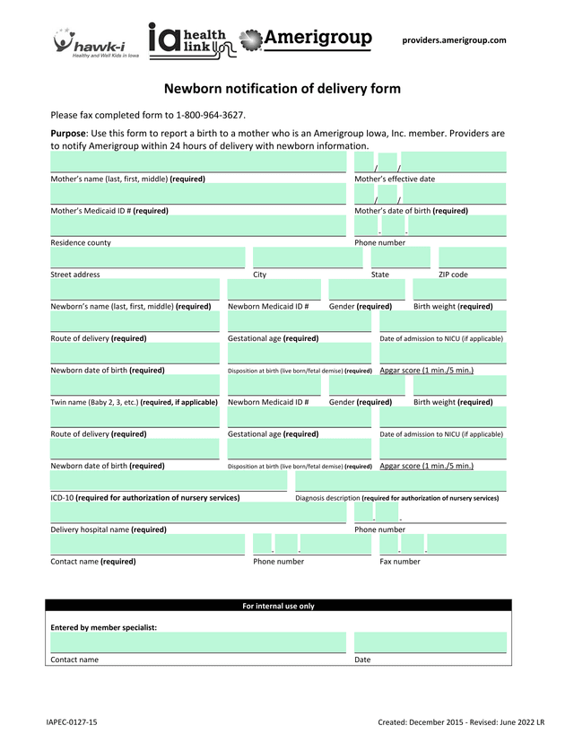 Newborn Notification Of Delivery Form screenshot