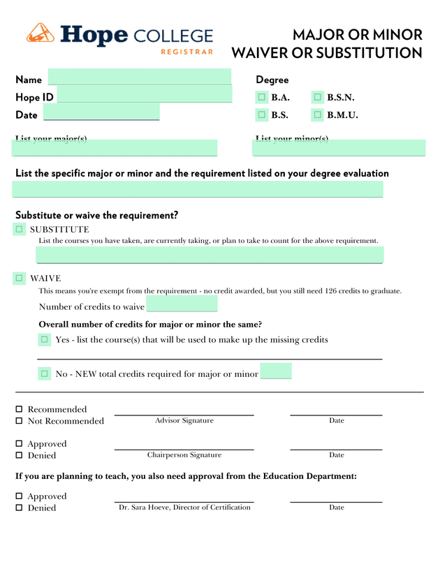 Major Or Minor Waiver Or Substitution Form screenshot